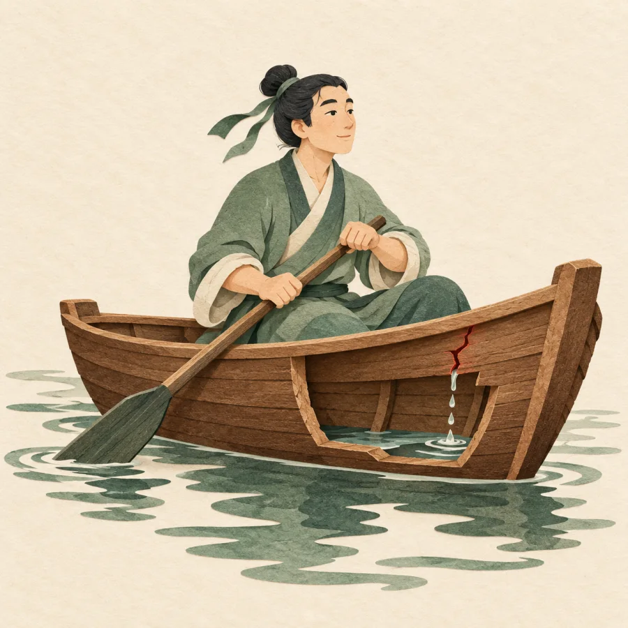 A boatman rows calmly while a small leak drips into his boat