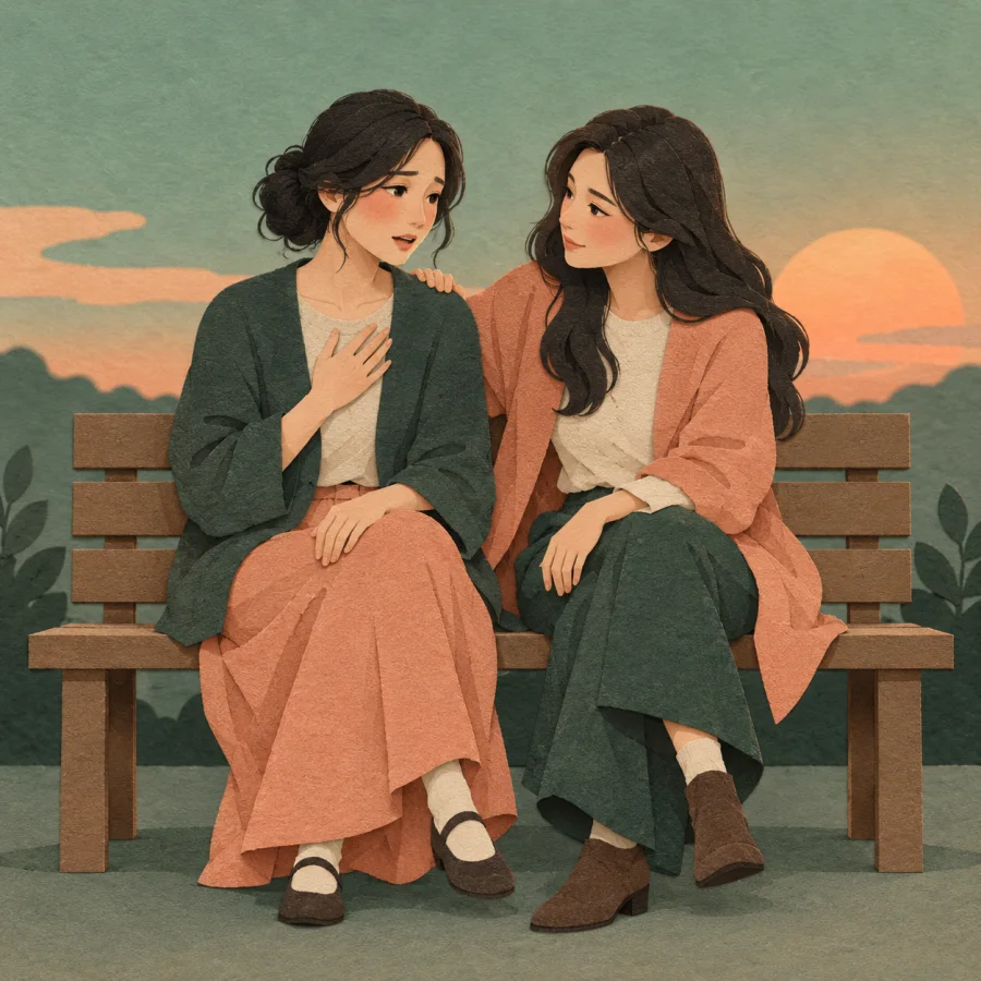 Two friends on a bench, one openly pouring out her heart while the other listens