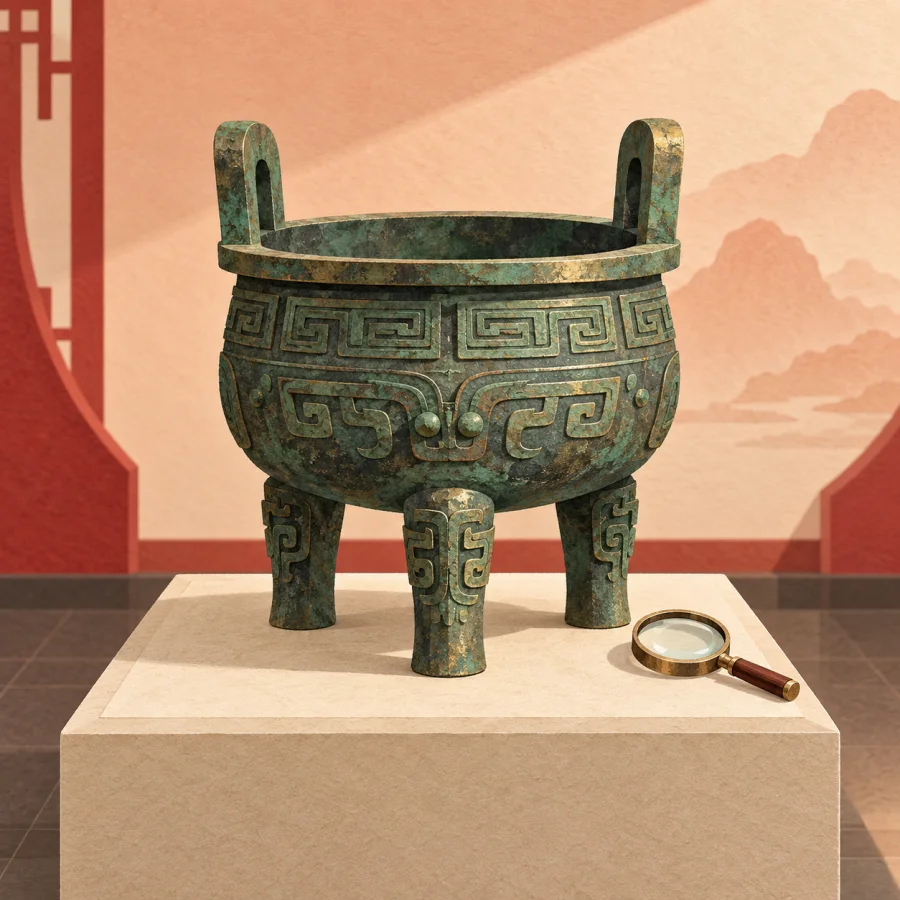 A bronze tripod vessel on a museum stand with a magnifying glass nearby