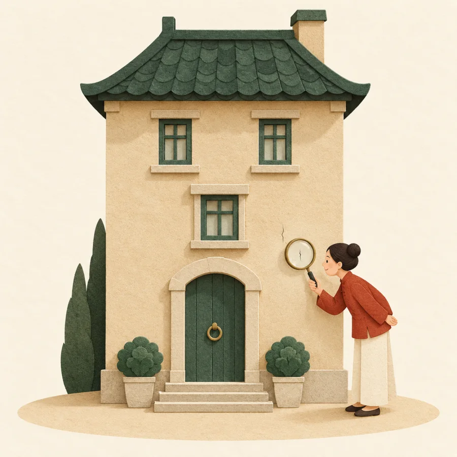 A person with a magnifying glass inspects a single thin crack on a sturdy wall