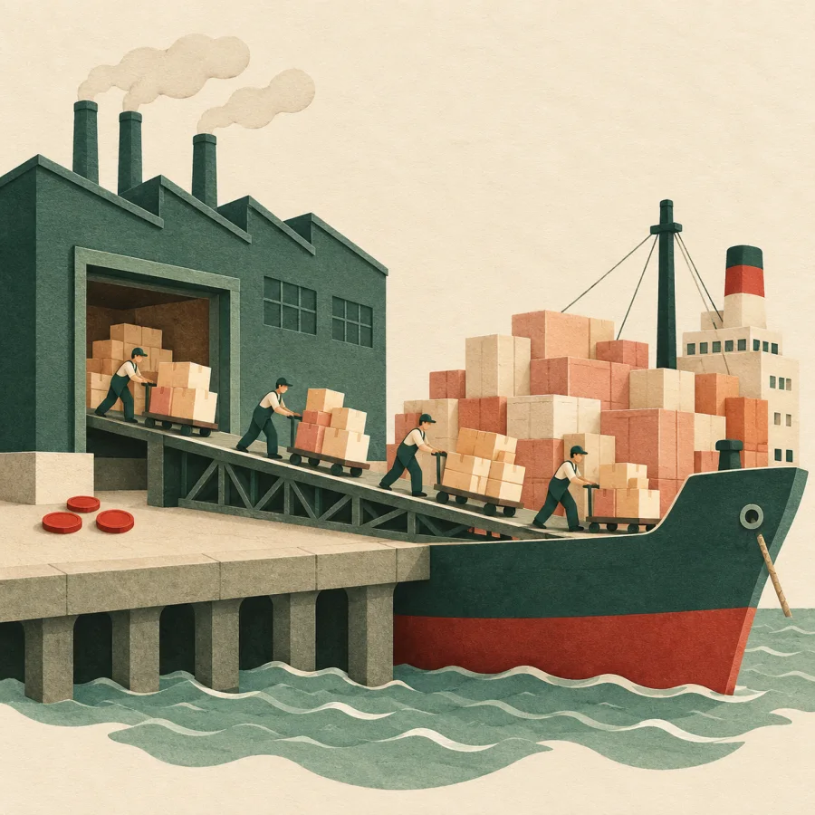 A factory loads crates onto a ship, a few scattered coins near the gate