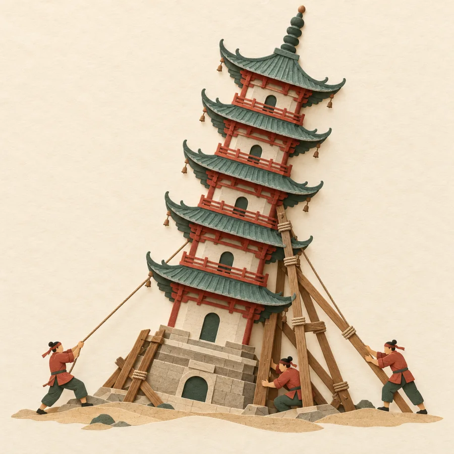 An old tower leaning noticeably, with workers and scaffolding at its base