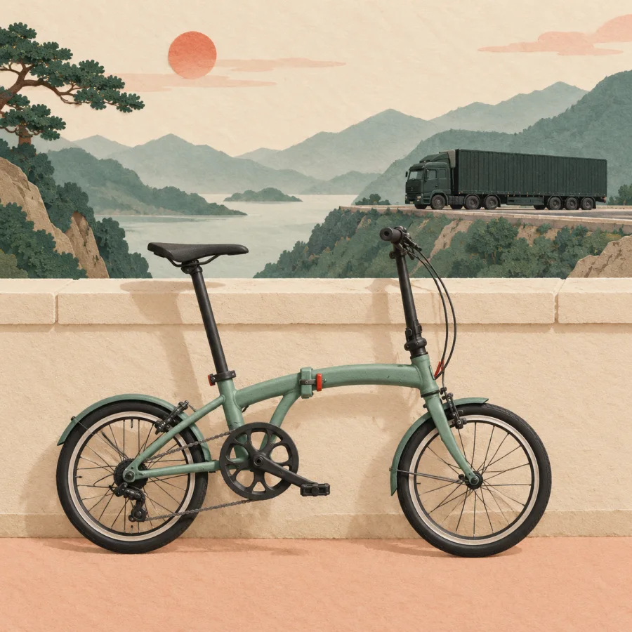 A compact folding bicycle by a wall beside a large heavy truck