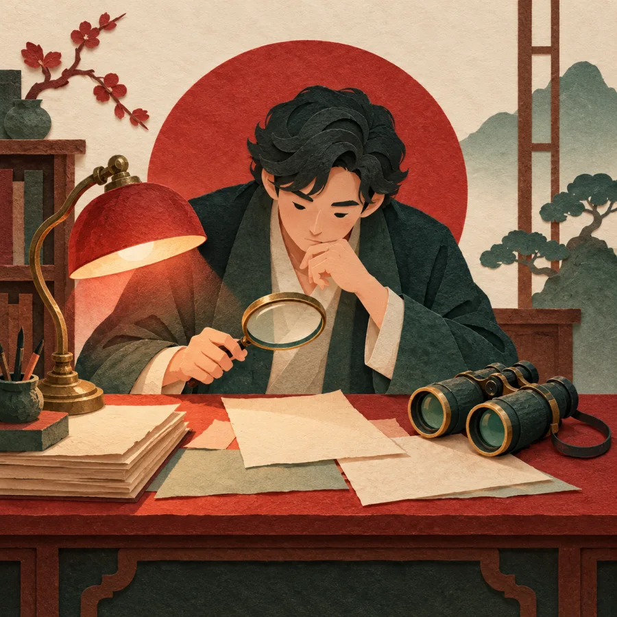 A detective studying papers under a magnifying glass, binoculars and a lamp nearby