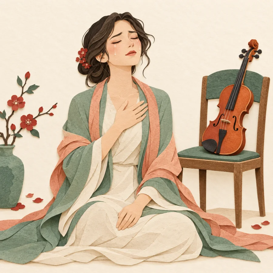 A woman with closed eyes and tears on her cheeks, a violin resting nearby