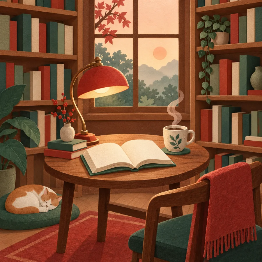 A cozy bookshop with wooden shelves and an old-fashioned lamp by the window