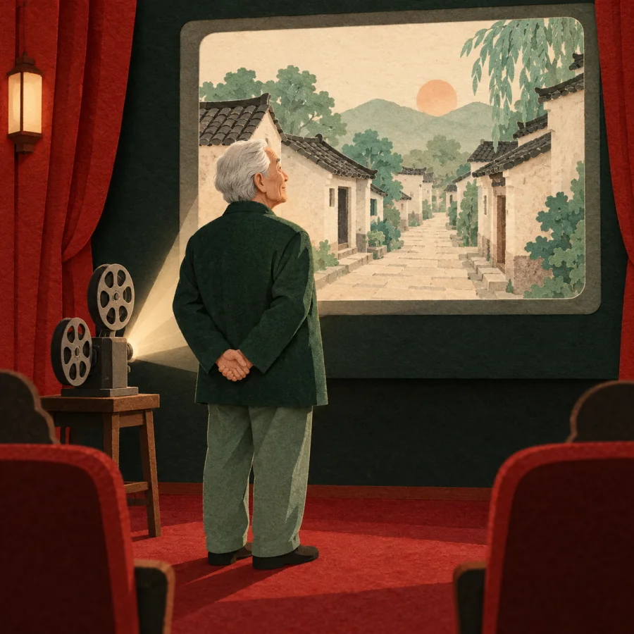 An elderly man in a small cinema watches a projected image of his childhood street.
