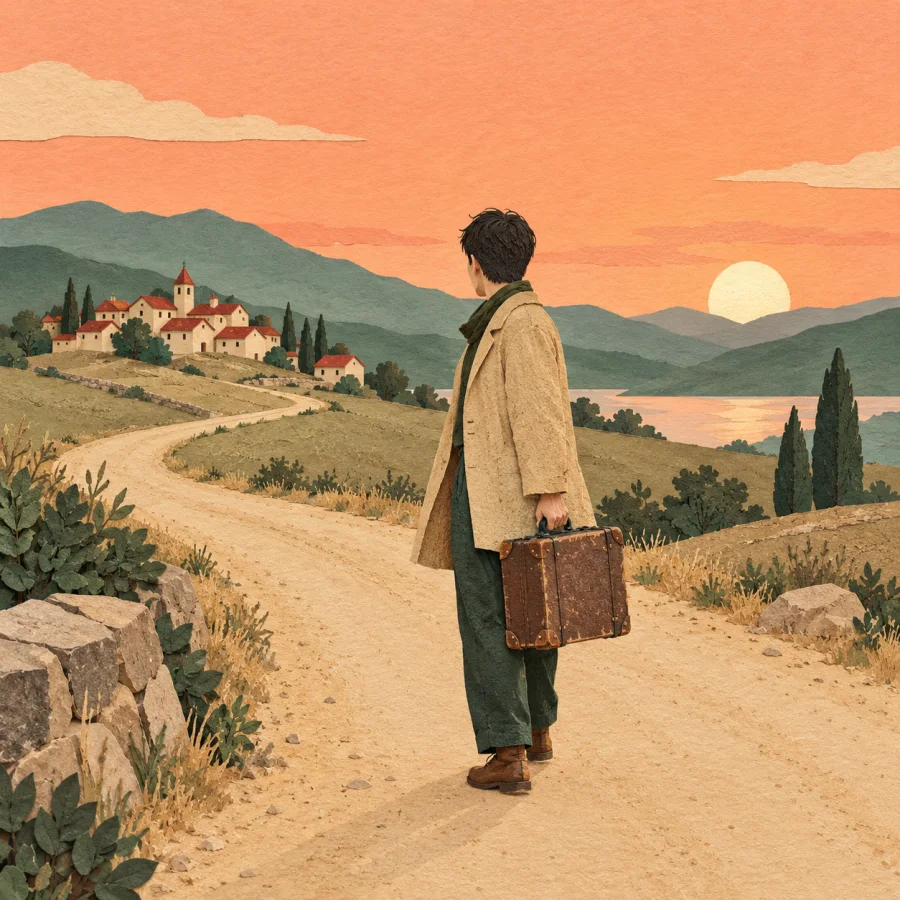 A traveler with a suitcase on a road looks back toward a village.