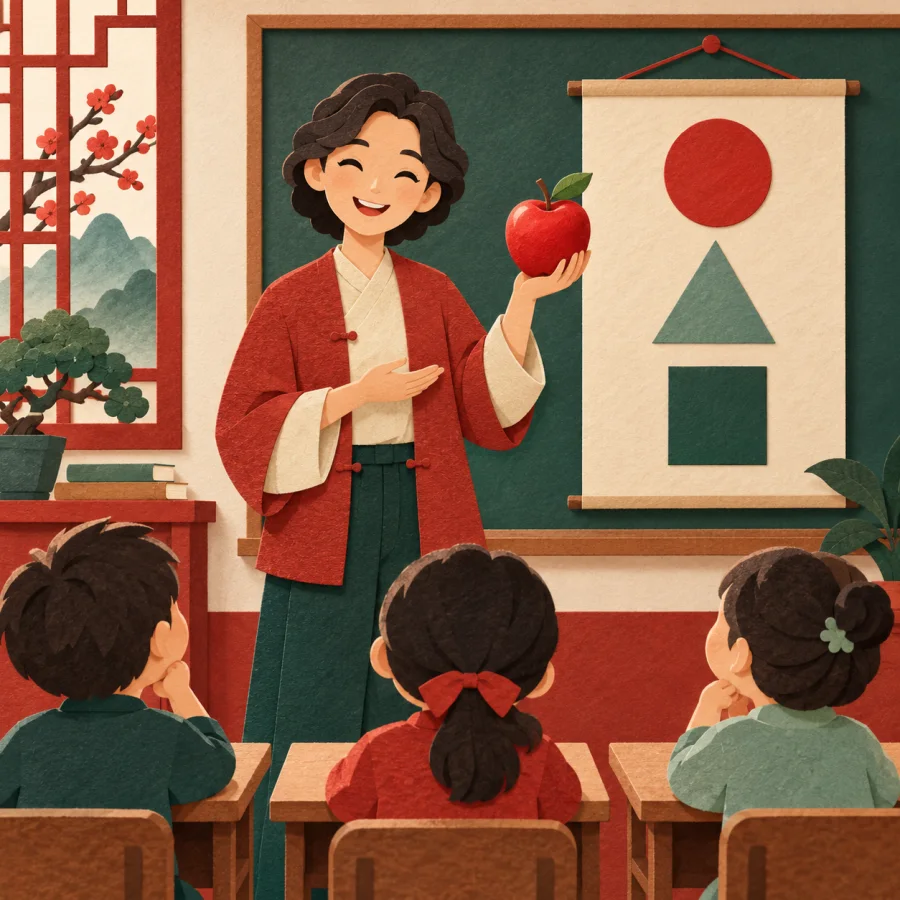 A teacher holds an apple beside an abstract chart while students watch.