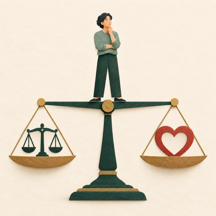 A person stands between scales and a heart shape, holding balance.