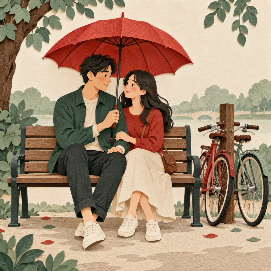 A young couple sits under one umbrella on a park bench, bicycles nearby.