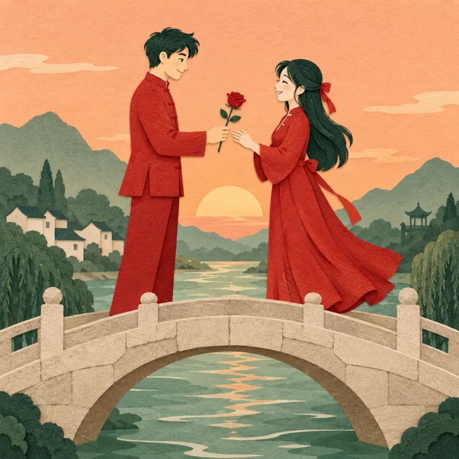 A young man hands a rose to a woman on a bridge at sunset.