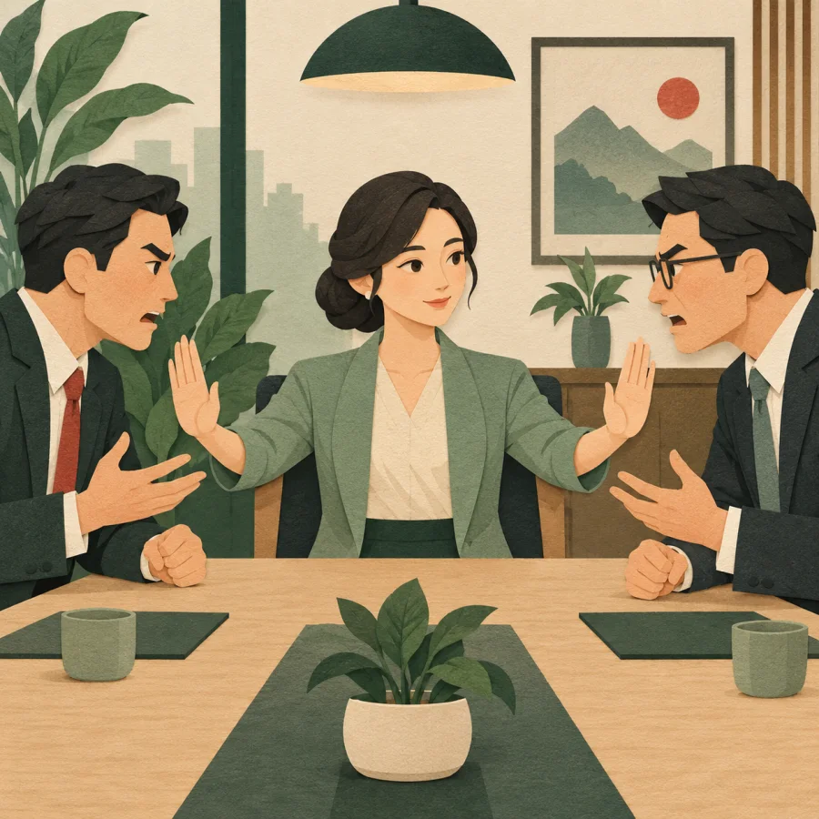 A calm woman soothes two arguing men in a meeting room.