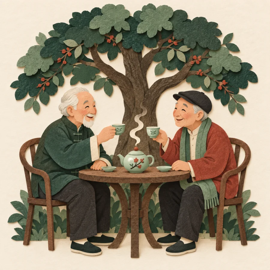 Two old friends raise teacups toward each other across a round table.
