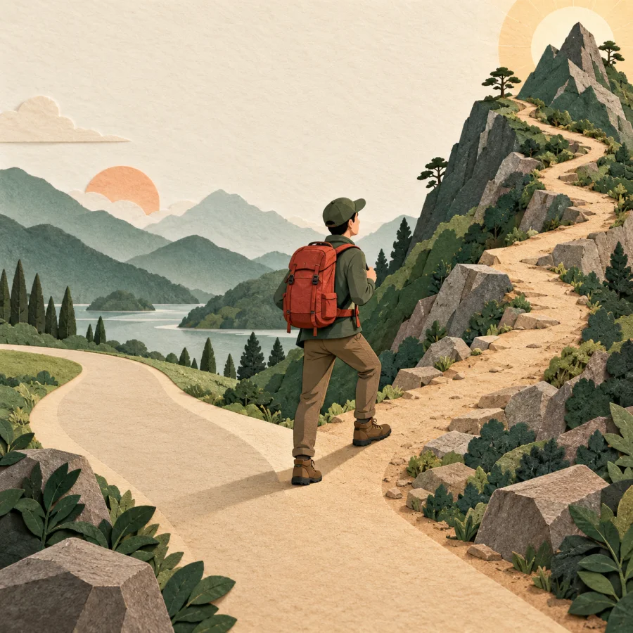 A hiker at a fork chooses the steep uphill trail.