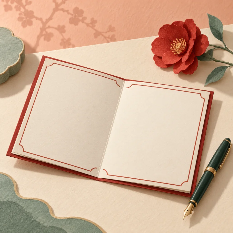 An open invitation card lies on a table with a pen and a flower.