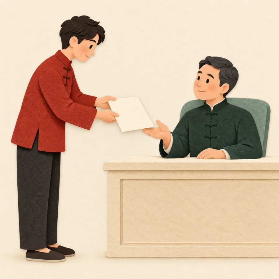 An employee presents a report to a manager at a desk