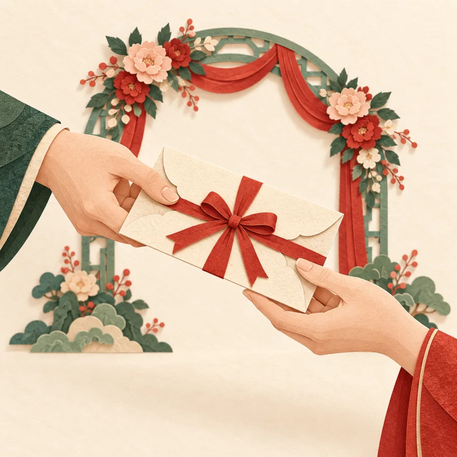 Hands passing a decorated wedding invitation card