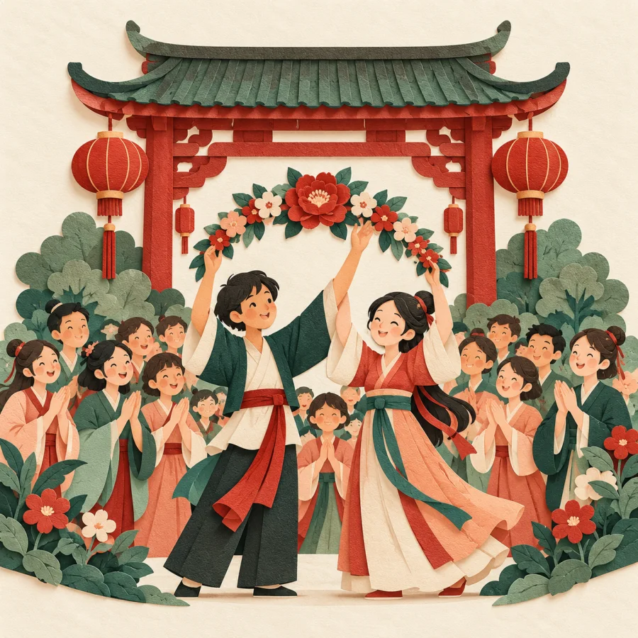 Crowd at a ceremony with red lanterns and a flower garland