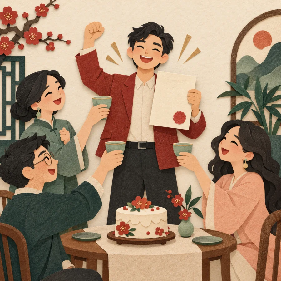 Friends raising cups in a toast at a table with a cake