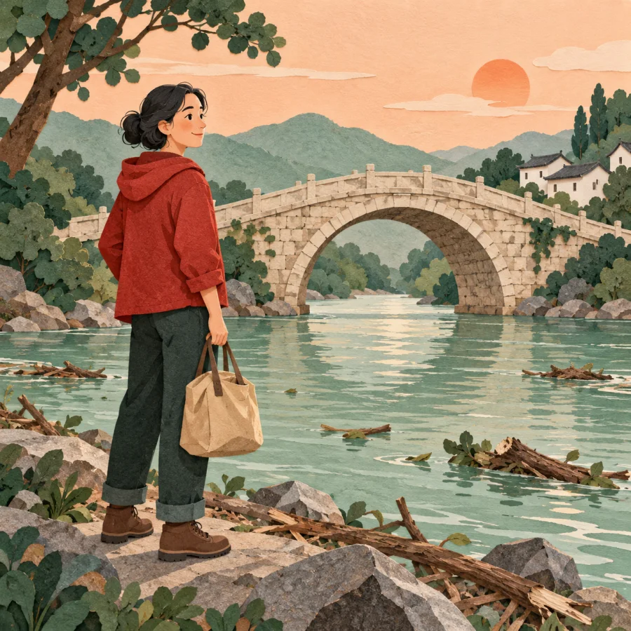 A relieved person looking at an intact bridge above water