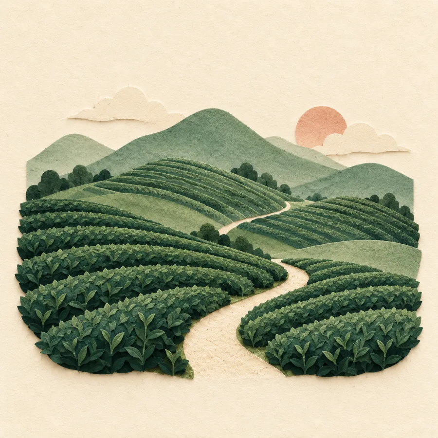 Rolling green hills with rows of tea bushes