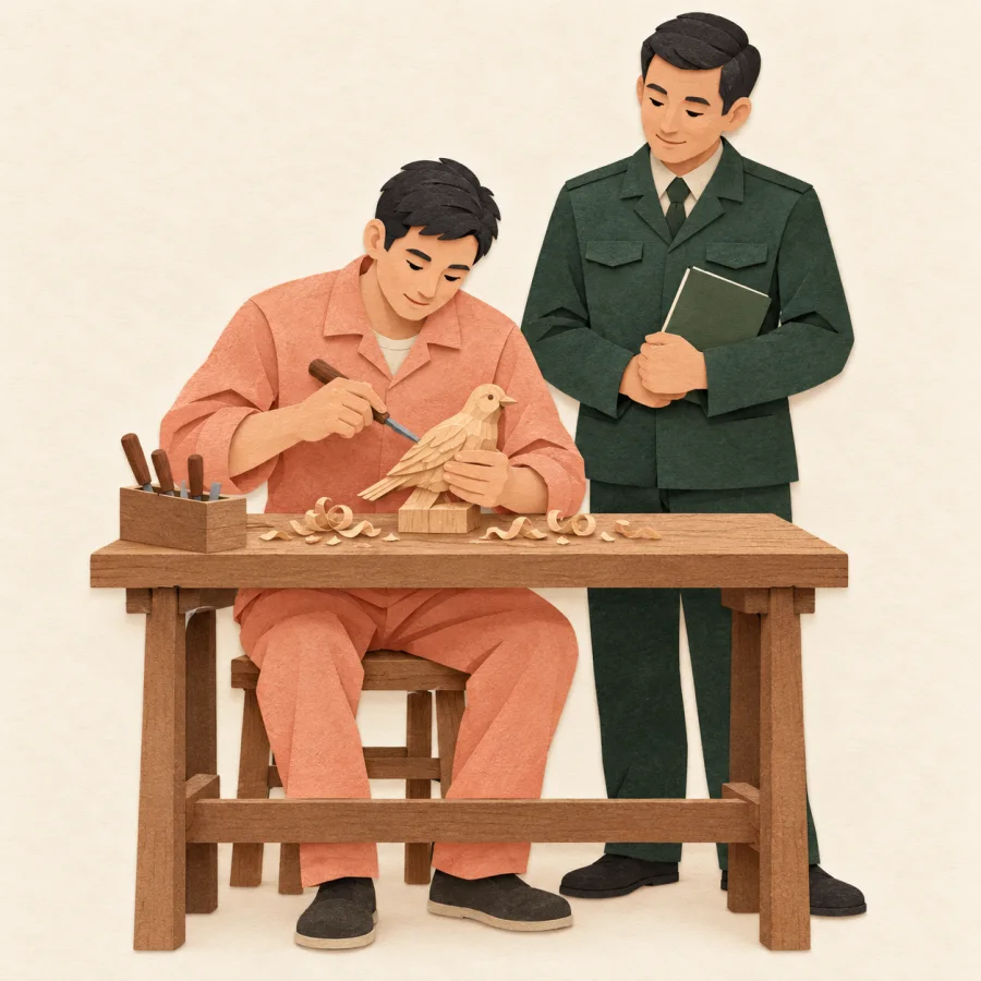 A man carving wood while an officer calmly watches