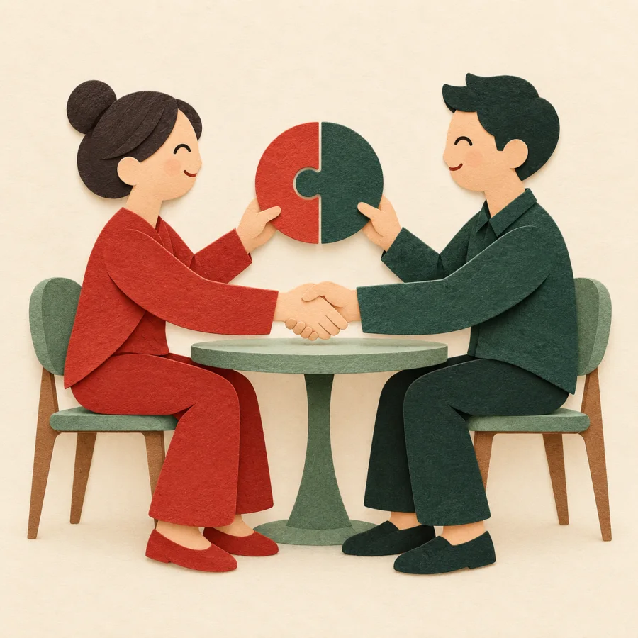 Two people shaking hands with matching puzzle halves
