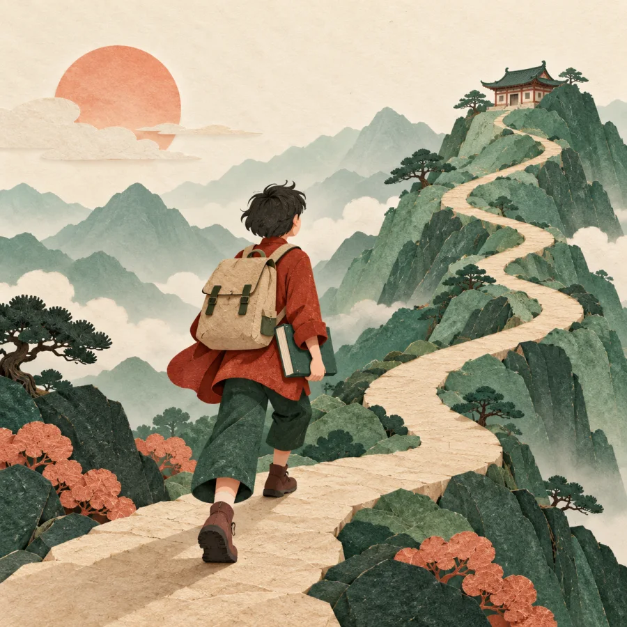 A student with a backpack walking uphill toward a school