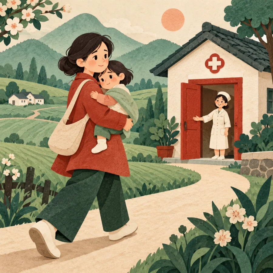 A parent carrying a child toward a clinic entrance