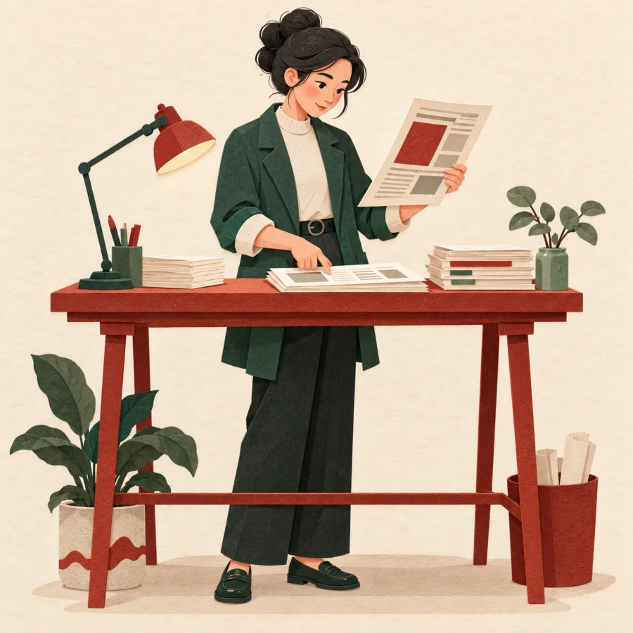 An editor checks a draft against reference papers before publishing news