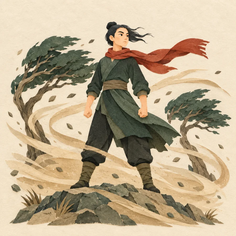 A person stands firm as wind carrying sand bends trees behind them