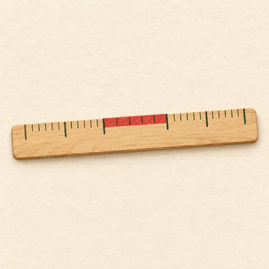 A wooden ruler with a red band between two notch marks