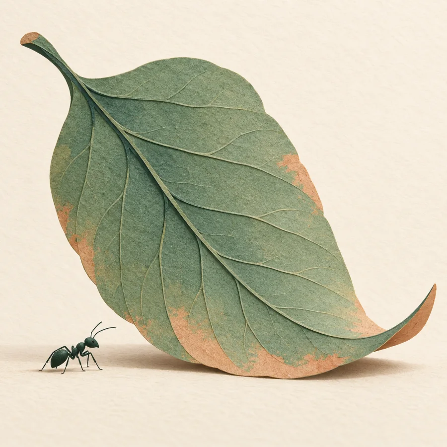 A tiny ant crawling beside an enormous fallen leaf