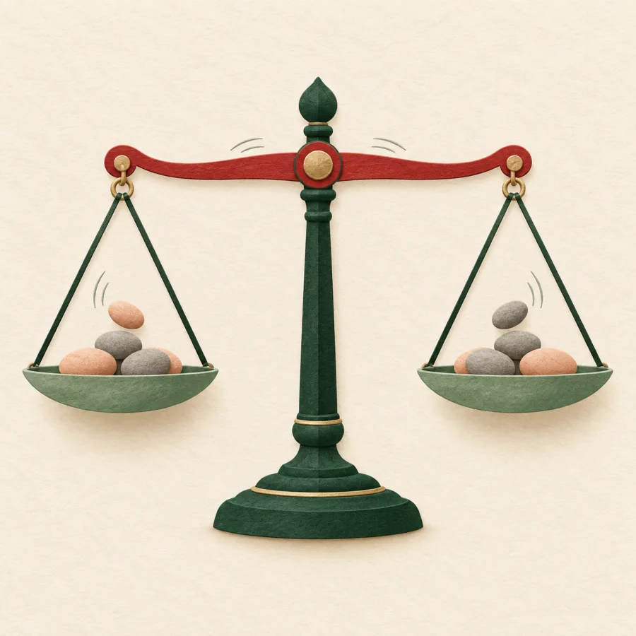 Balance scale pans slowly leveling as stones are placed on both sides