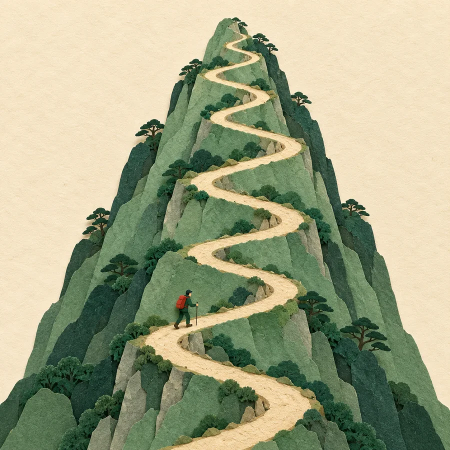 A narrow winding path zigzagging up a green hill with a hiker