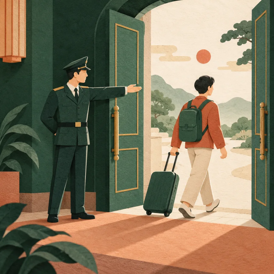 A guard at a doorway points a person with a suitcase toward the exit