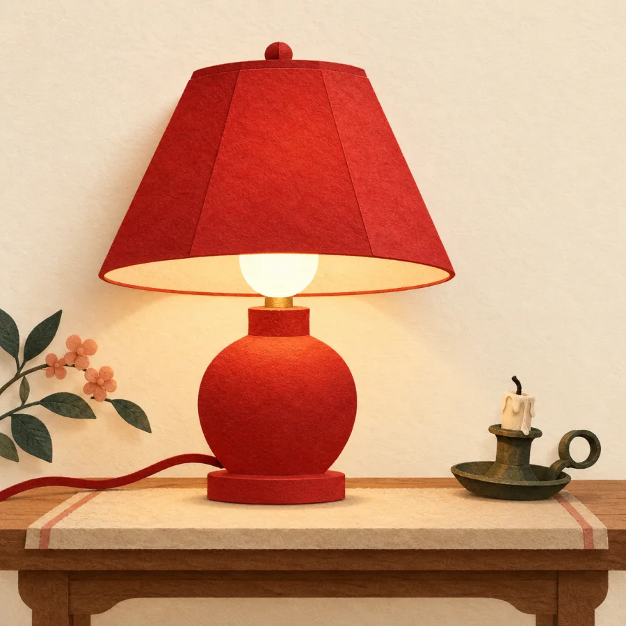 A bright new lamp on a table pushing aside an old candle holder