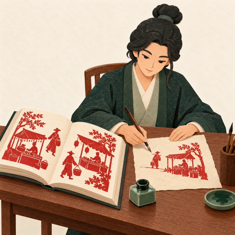 A writer copies scenes of street life from a book into a manuscript