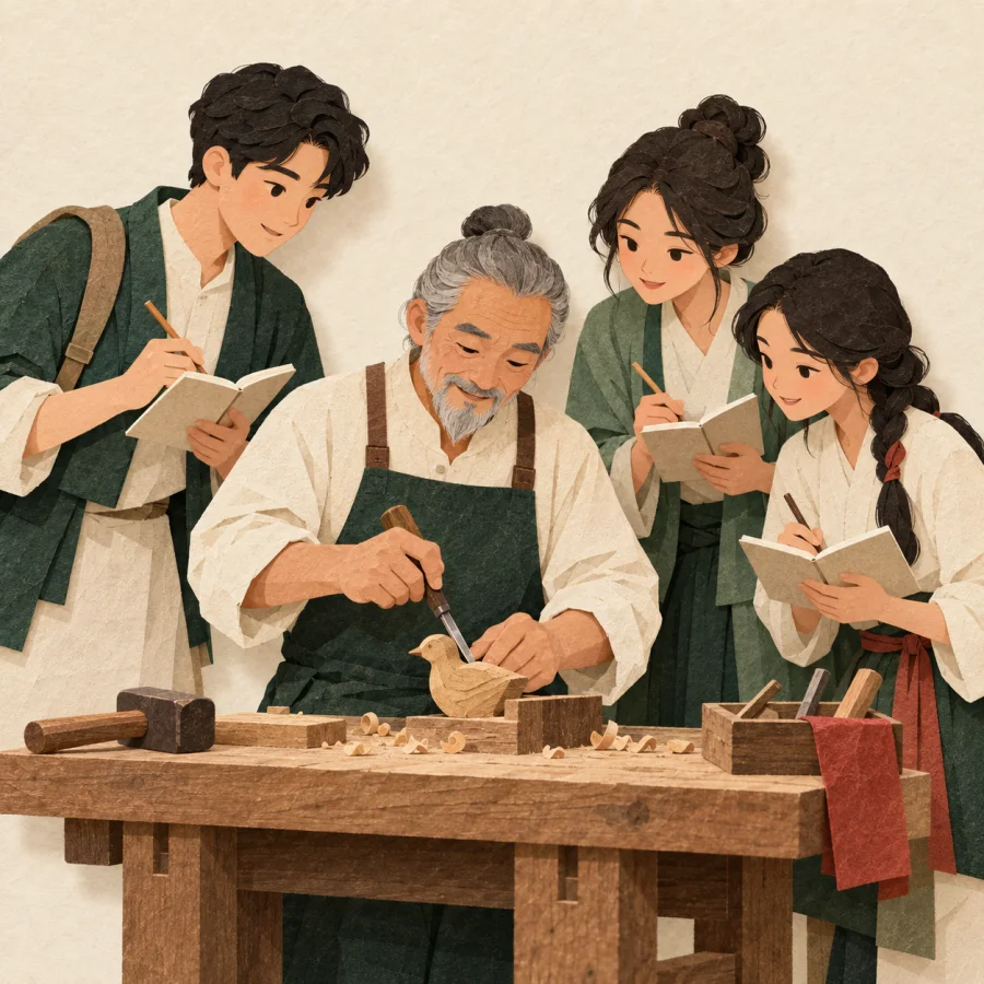 Young visitors take notes as an older mentor demonstrates his method