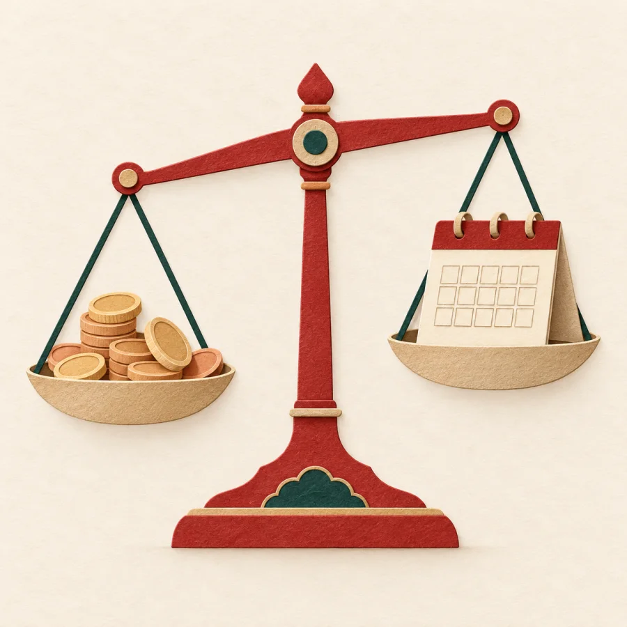 A balance scale with coins on one pan and a calendar on the other