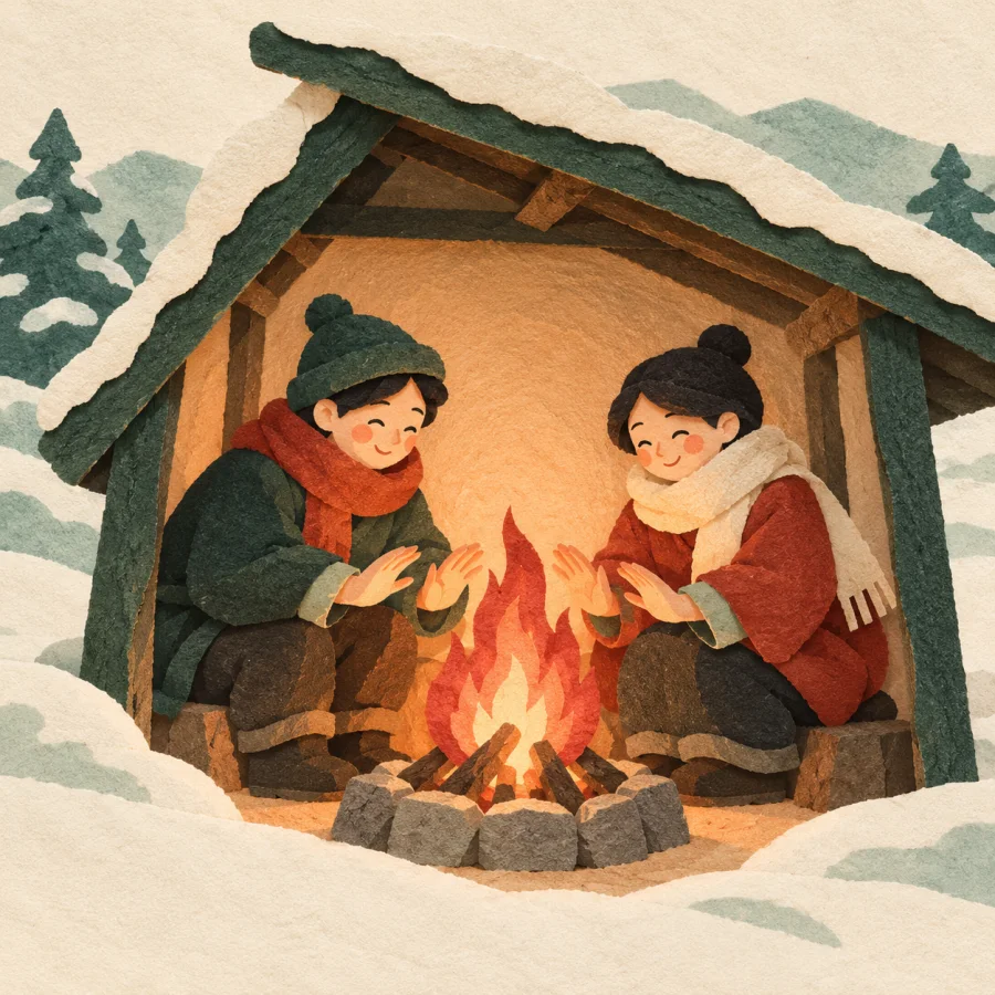 People warming themselves by a fire on a cold winter day