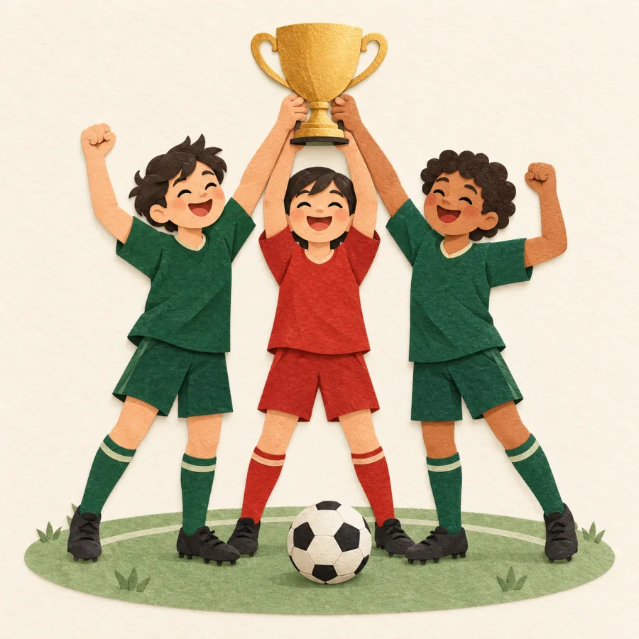 A football team together lifts a trophy on a green field
