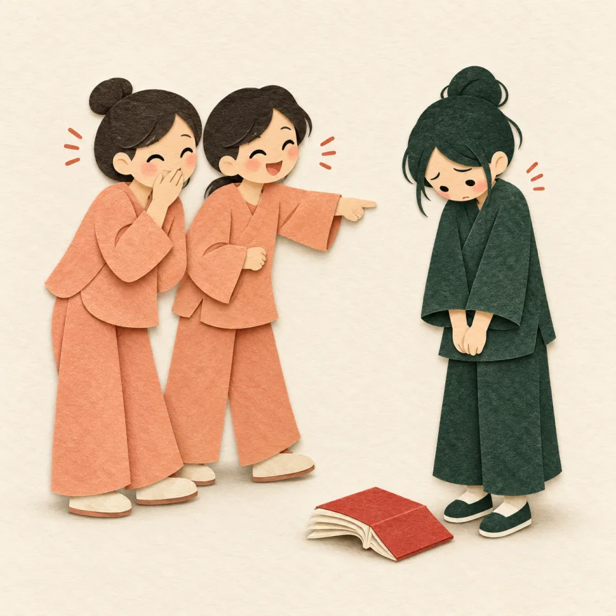 Two figures giggle and point at one shy figure who drops a book