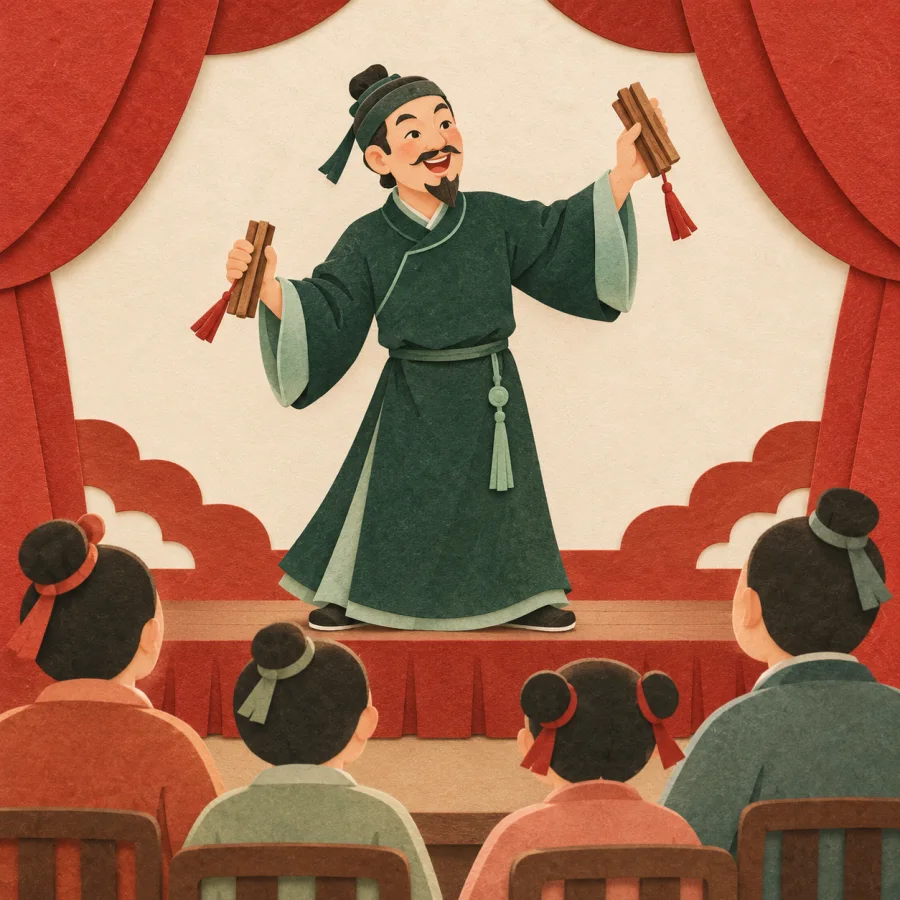 A performer on a small stage tells a story with wooden clappers for an audience