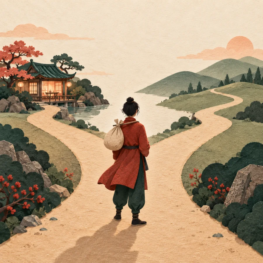 A traveler at a forked road looks toward a distant teahouse