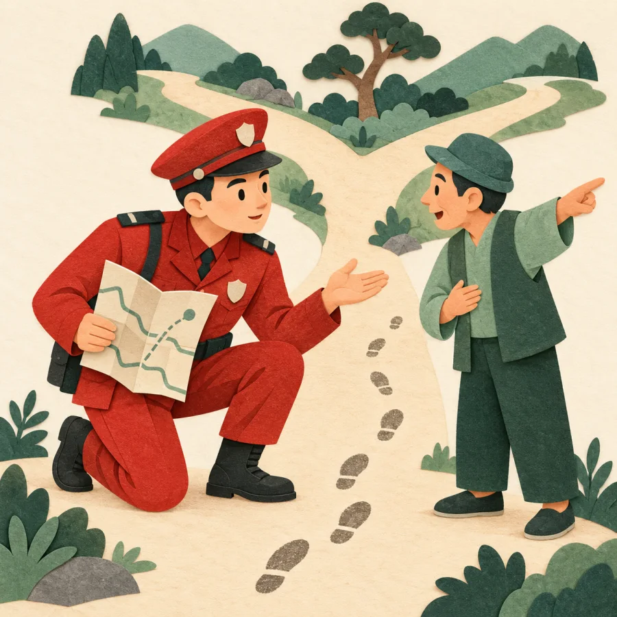A police officer studies footprints at a road fork while holding a map