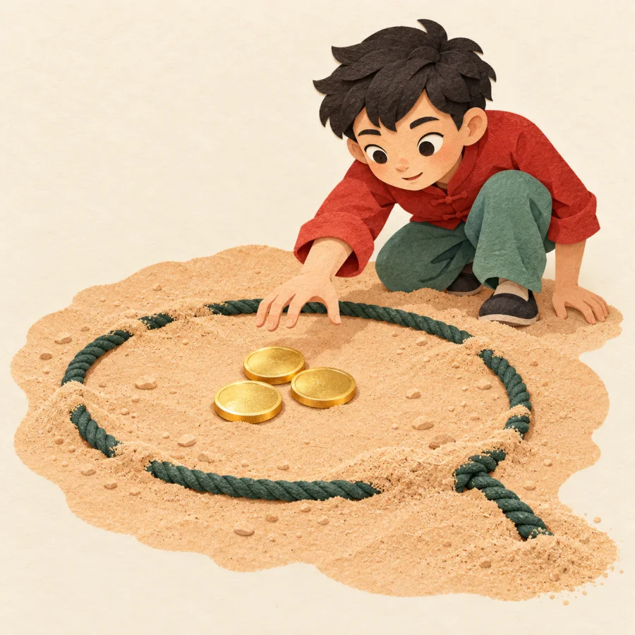 A person reaches toward coins above a rope loop hidden in sand