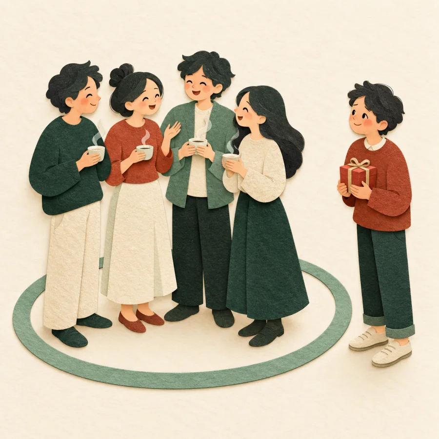 People stand in a ring drinking tea while one outsider waits outside