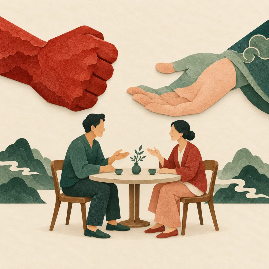 A clenched fist hovers beside a calm open hand